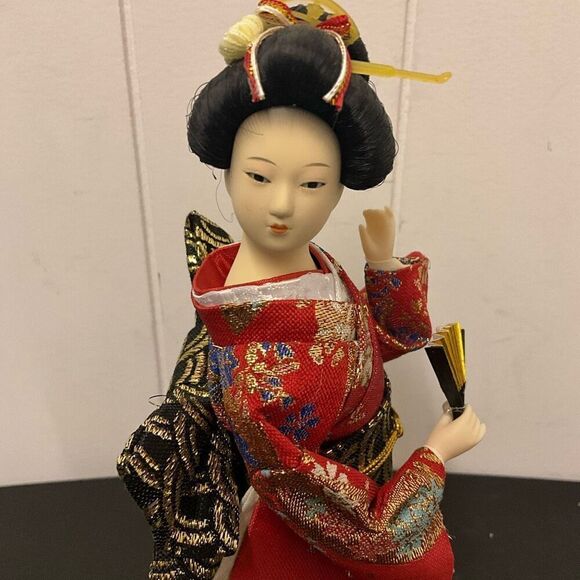 Vintage Antique 1940s Japanese Geisha Doll in Red & Gold Kimono 9” Cloth… - Picture 5 of 12